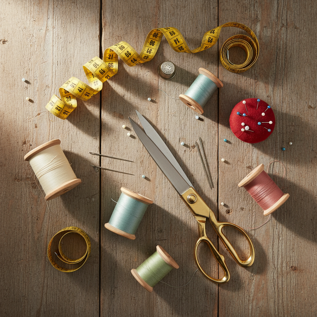 Šūšanas piederumi — adatas, diegi, šķēres un citi piederumi